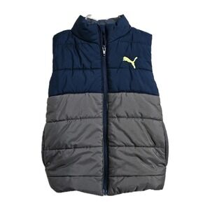 Puma Puffer Vest Youth XS 5-6 Blue Gray Logo Quilted Full Zip Pockets EUC